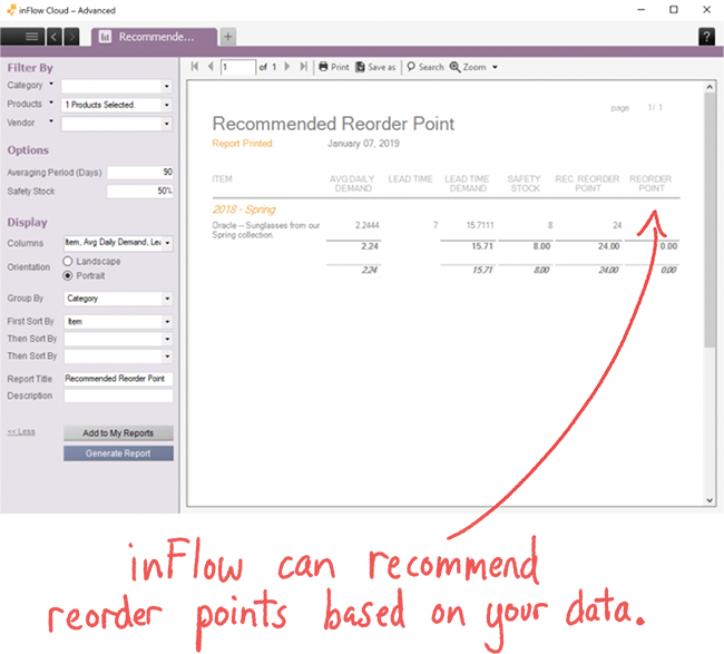 A screenshot of the Recommended Reorder Point report running in inFlow Cloud for Windows