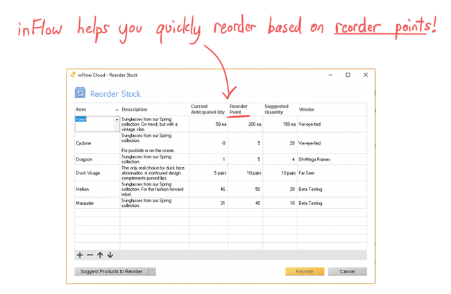 A screenshot of the Reorder Stock window in inFlow Cloud for Windows