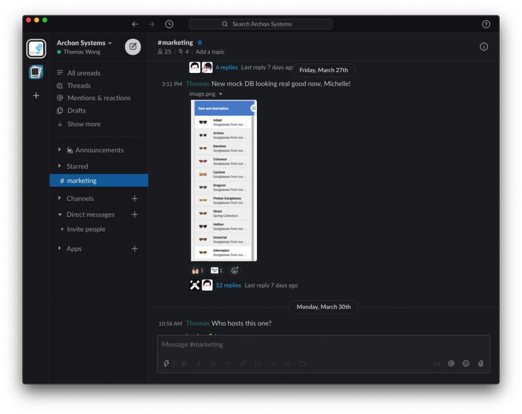 A screenshot showing how we use Slack to work from home.