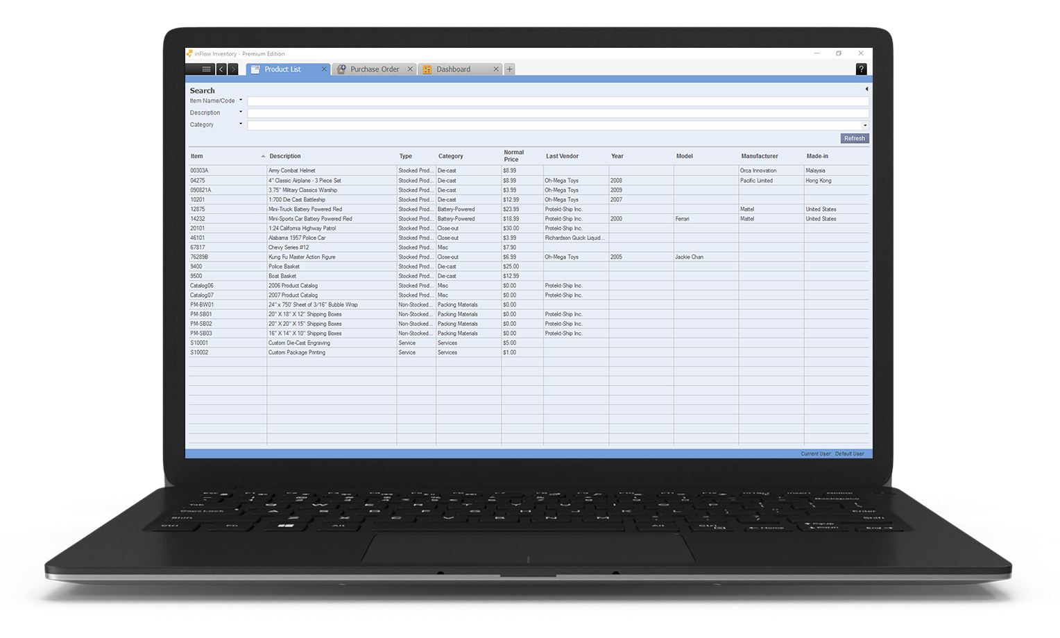 Screenshot of the inFlow Inventory Product List. inFlow works as your live, central database keeping detailed information on your products, vendors, customers and transactions.