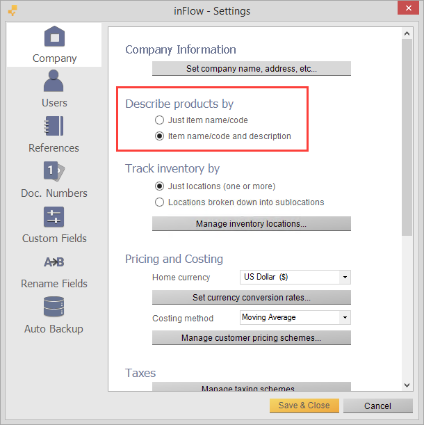 Description settings
