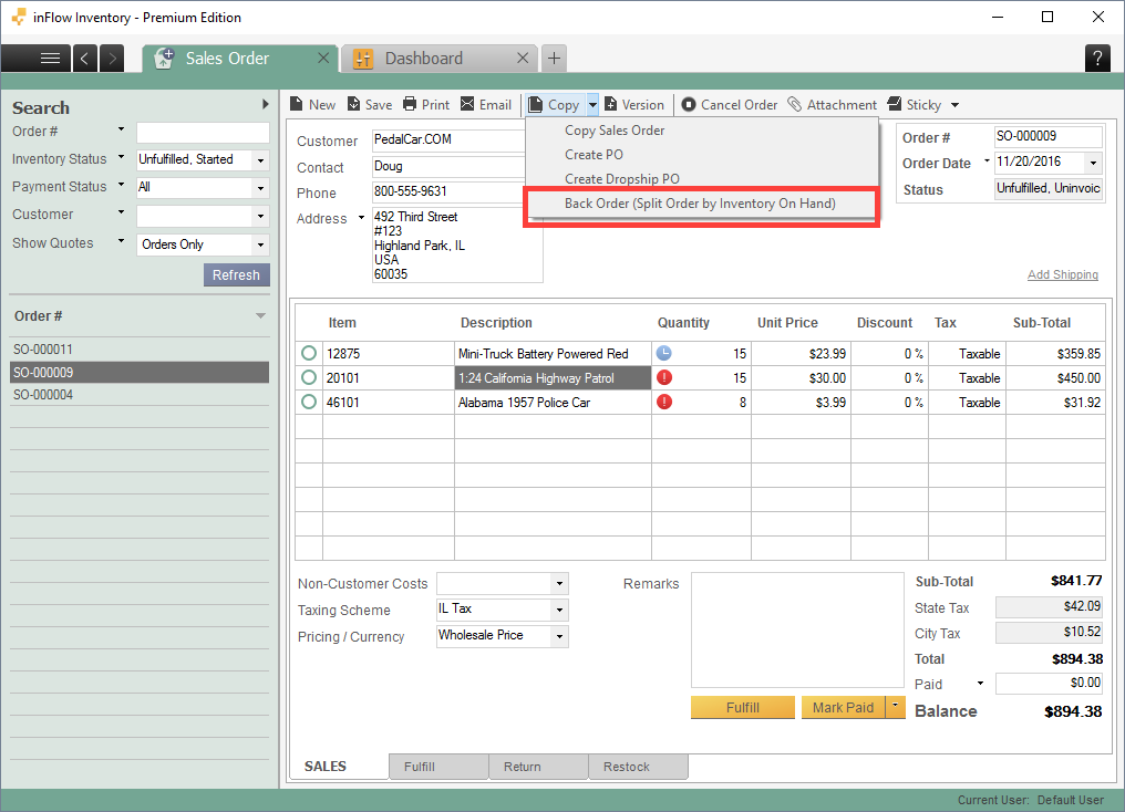 Back Order (Split Order by Inventory on Hand)