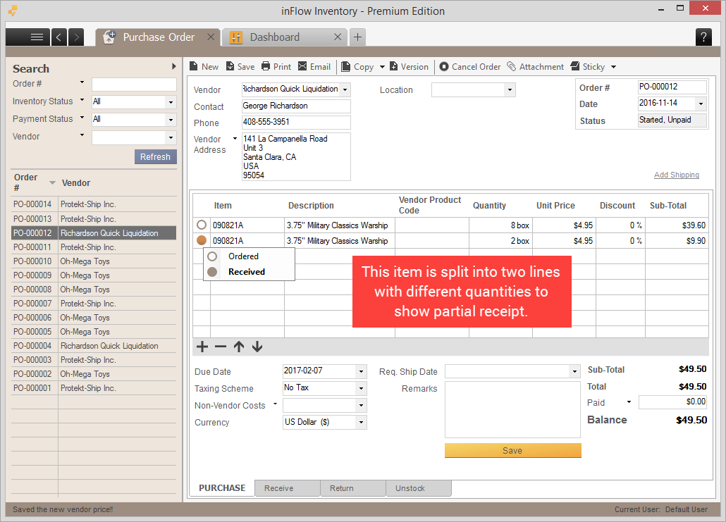 Partial receipt in purchase order