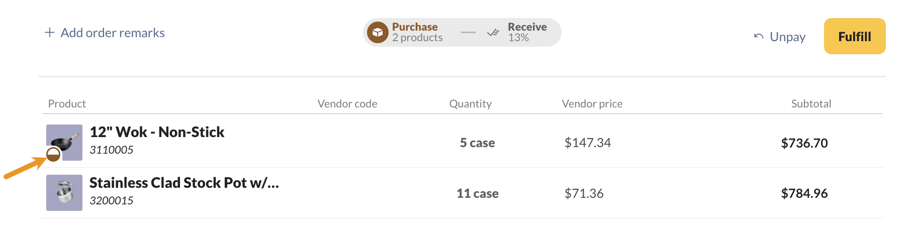 An icon that is half-filled indicates that the product has been partially received in the purchase tab.