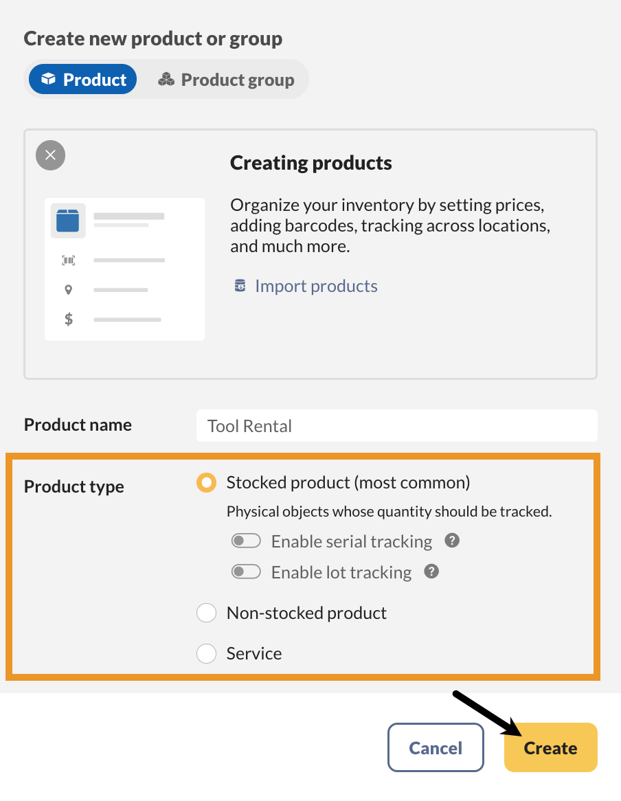 Where to choose the product type when creating a new product.