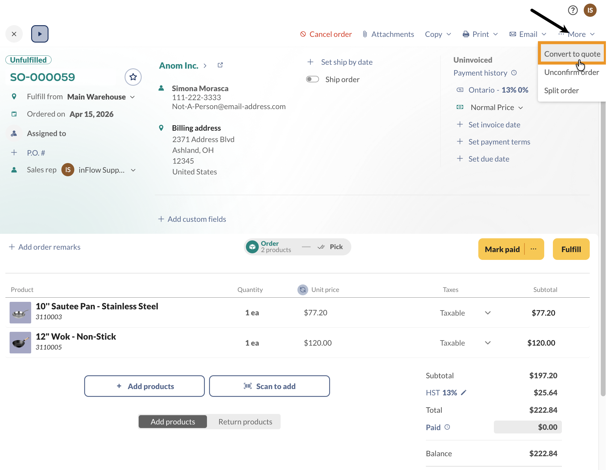 A sales order can be converted to a sales quote by selecting "More," then "Convert to quote."