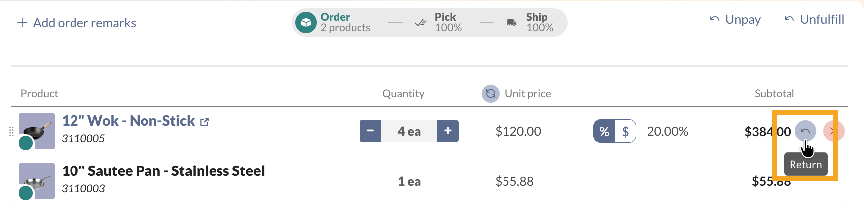 Hover your cursor over the product and select the Return button.