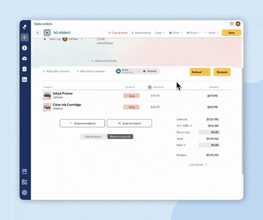 Processing returns on a blank sales order.