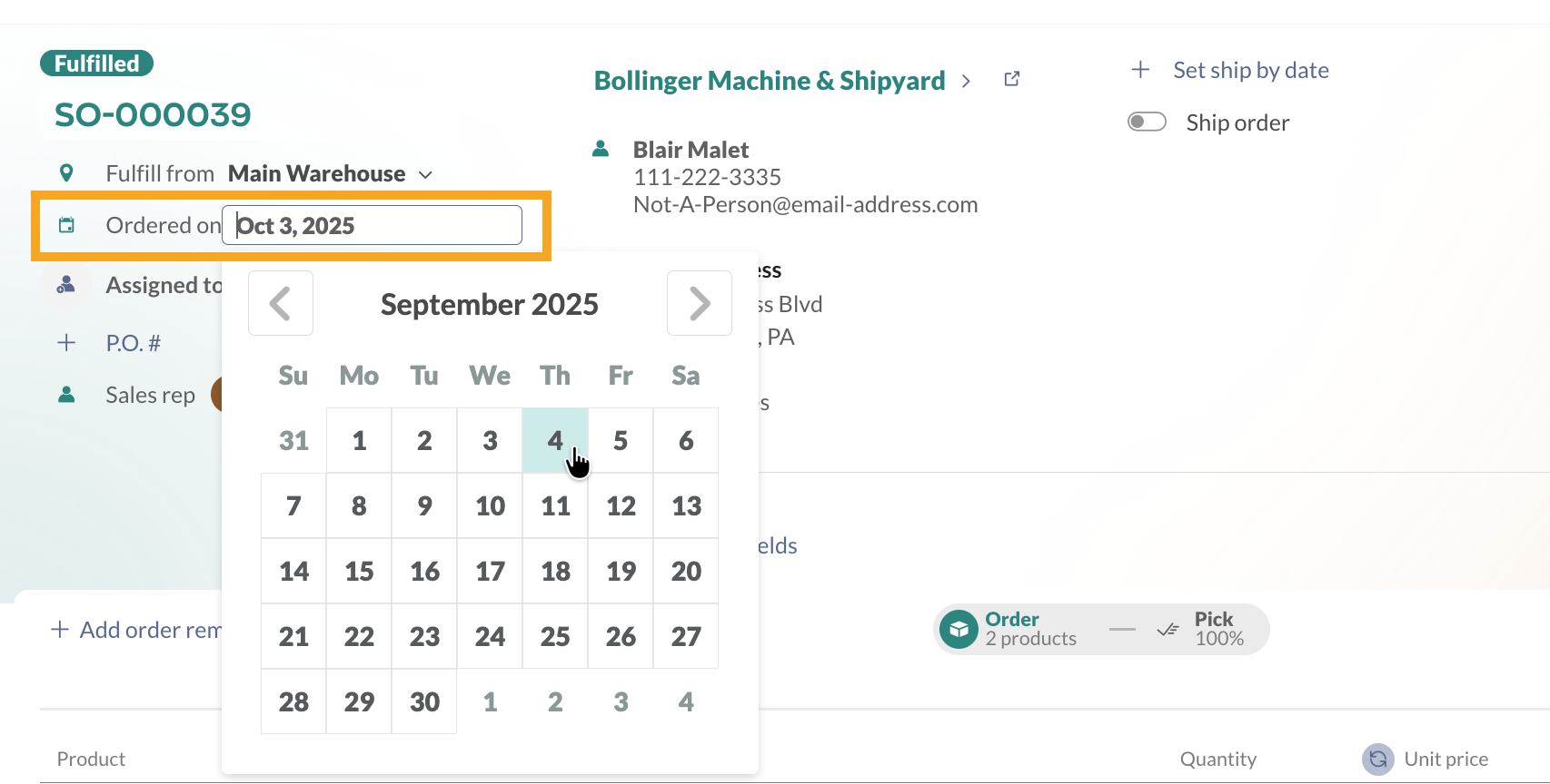 Selecting the order date on a sales order and changing it from Oct 3, 2025, to Sept 4, 2025. 