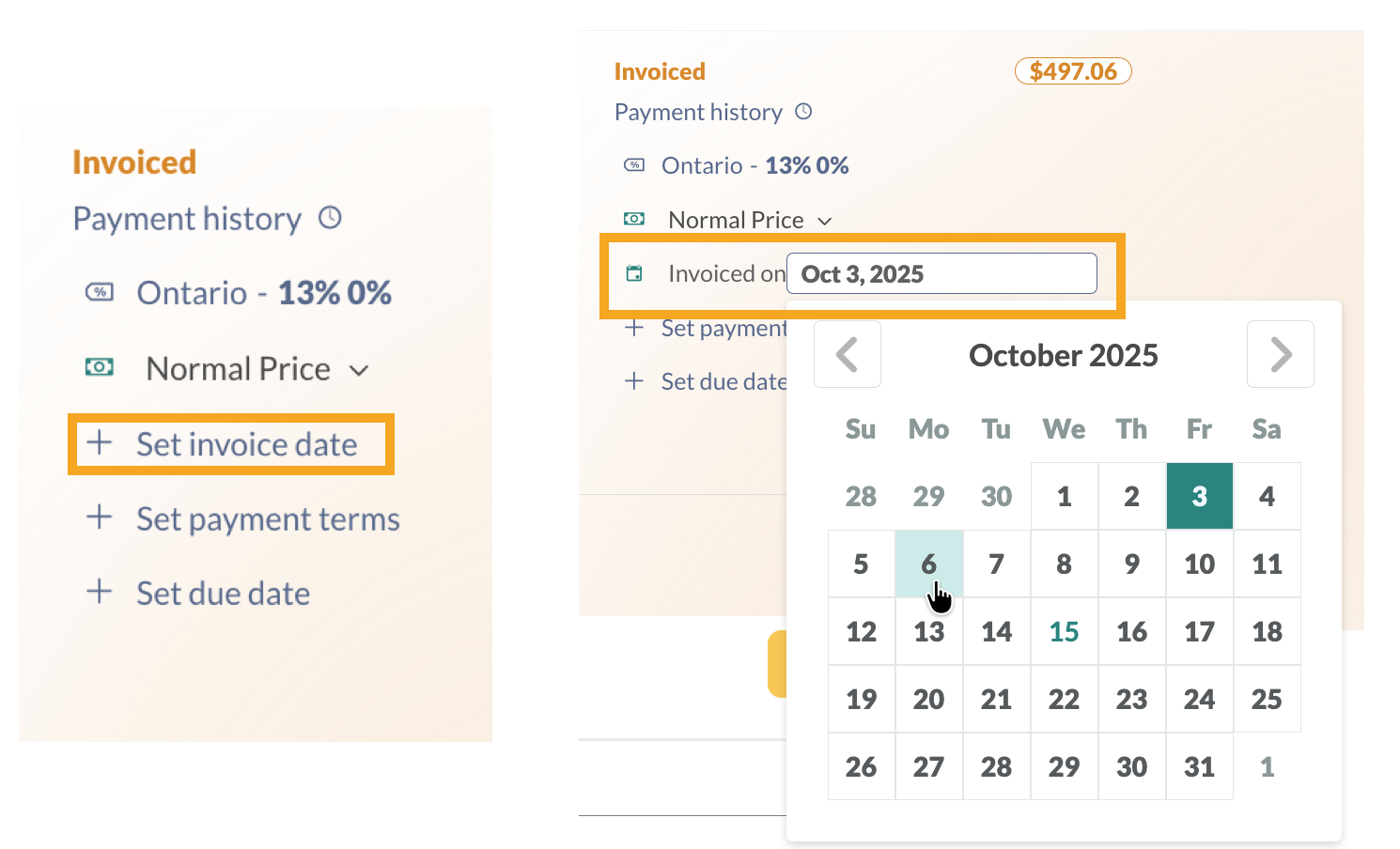 Setting an invoice date (right), or changing the invoice date after it’s already been set (left).