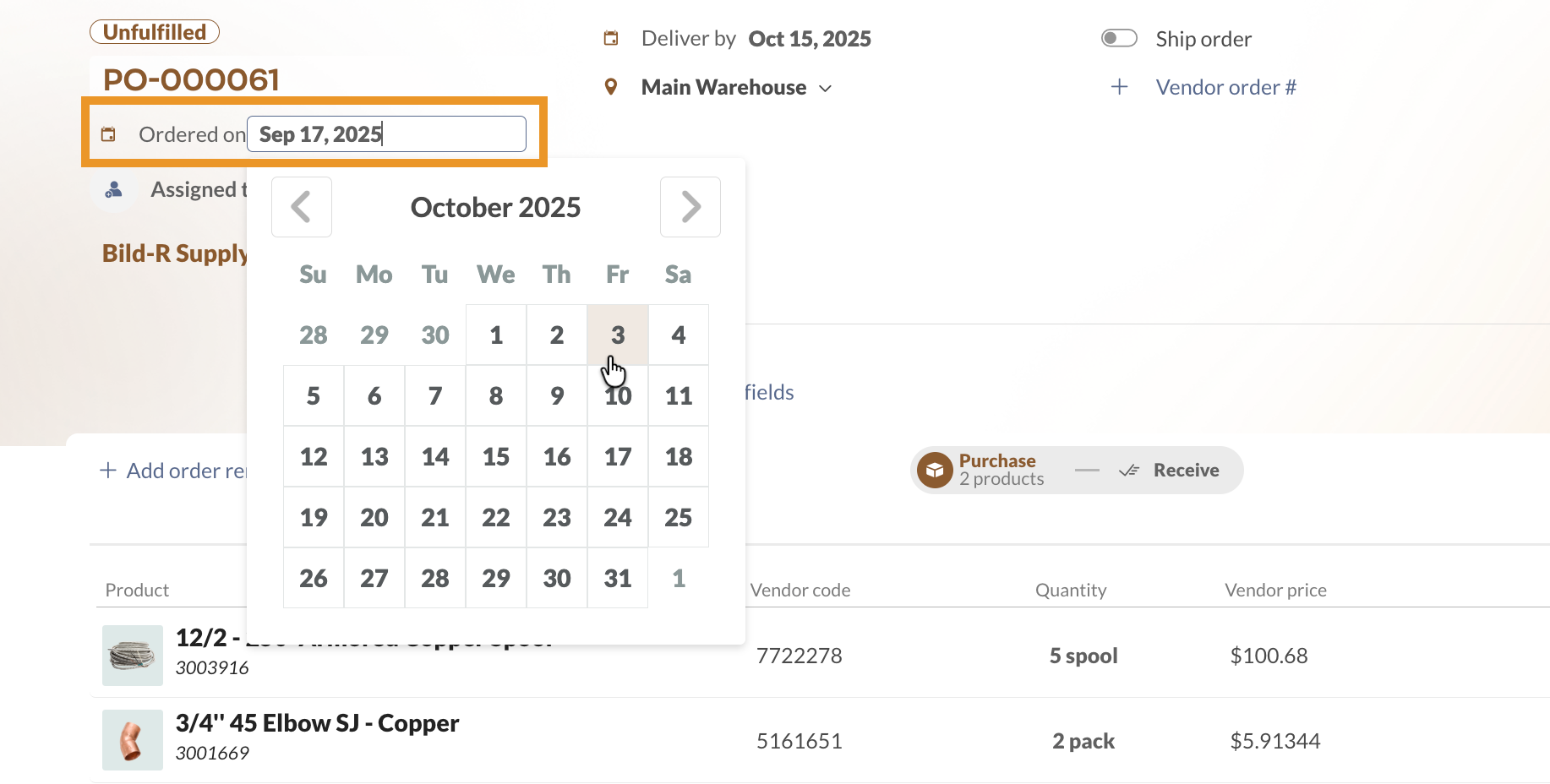 Selecting the order date on a purchase order and changing it from Sep 17, 2025, to Oct 3, 2025.