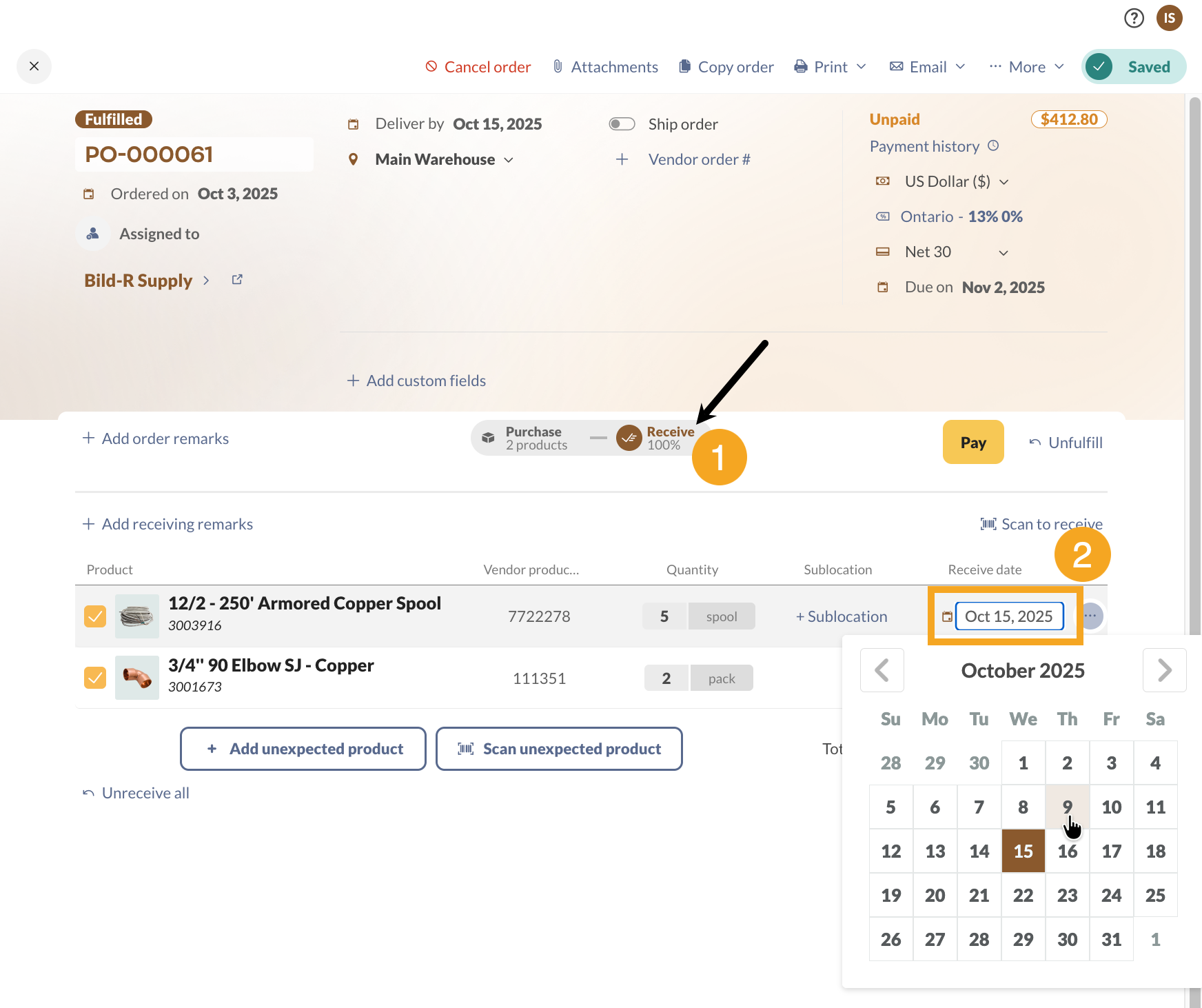 How to set/change the receive date on a purchase order. 