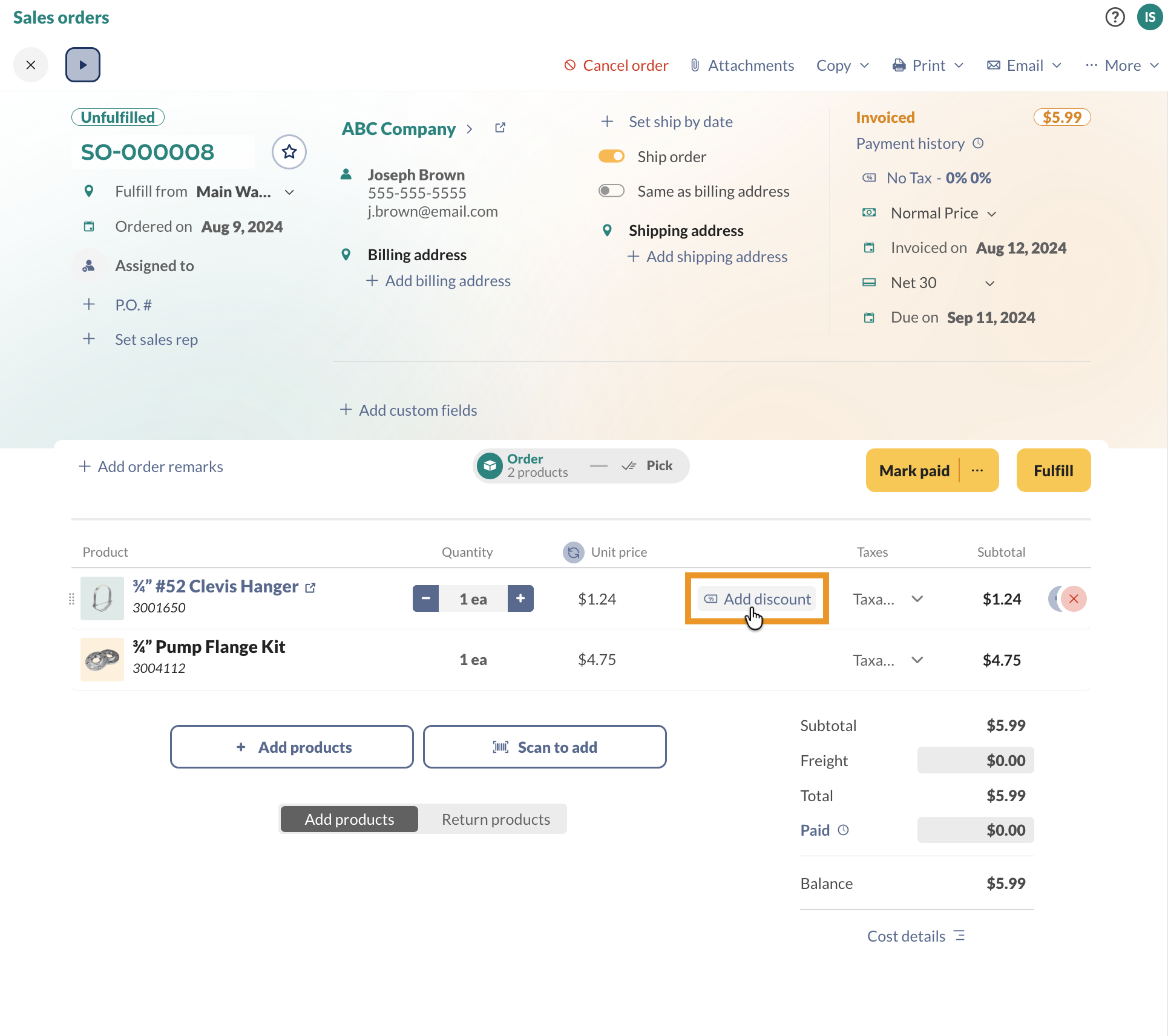 Adding a product discount to a sales order.
