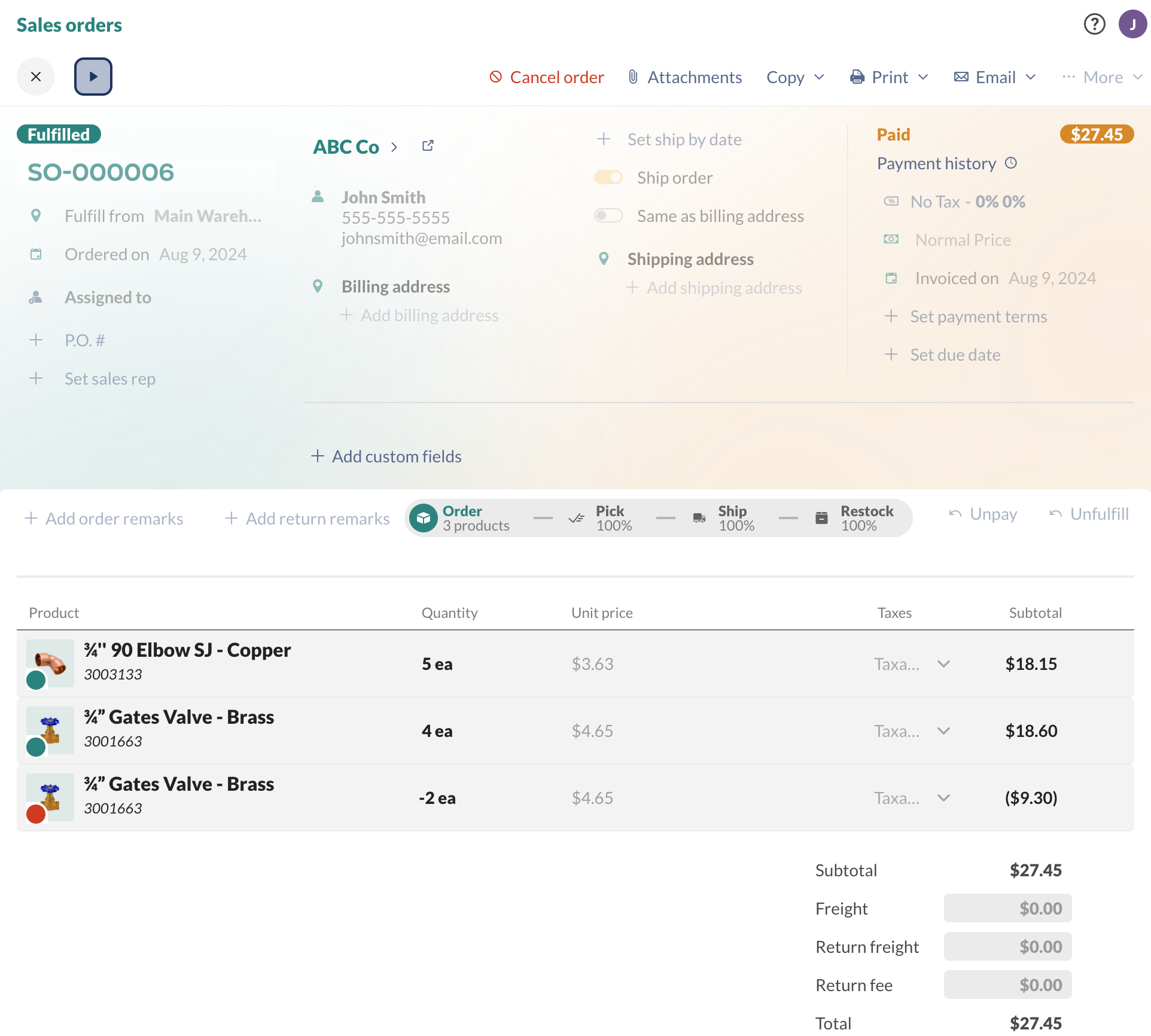 Example of a sales order in inFlow that is closed and cannot be edited by non-administrators.