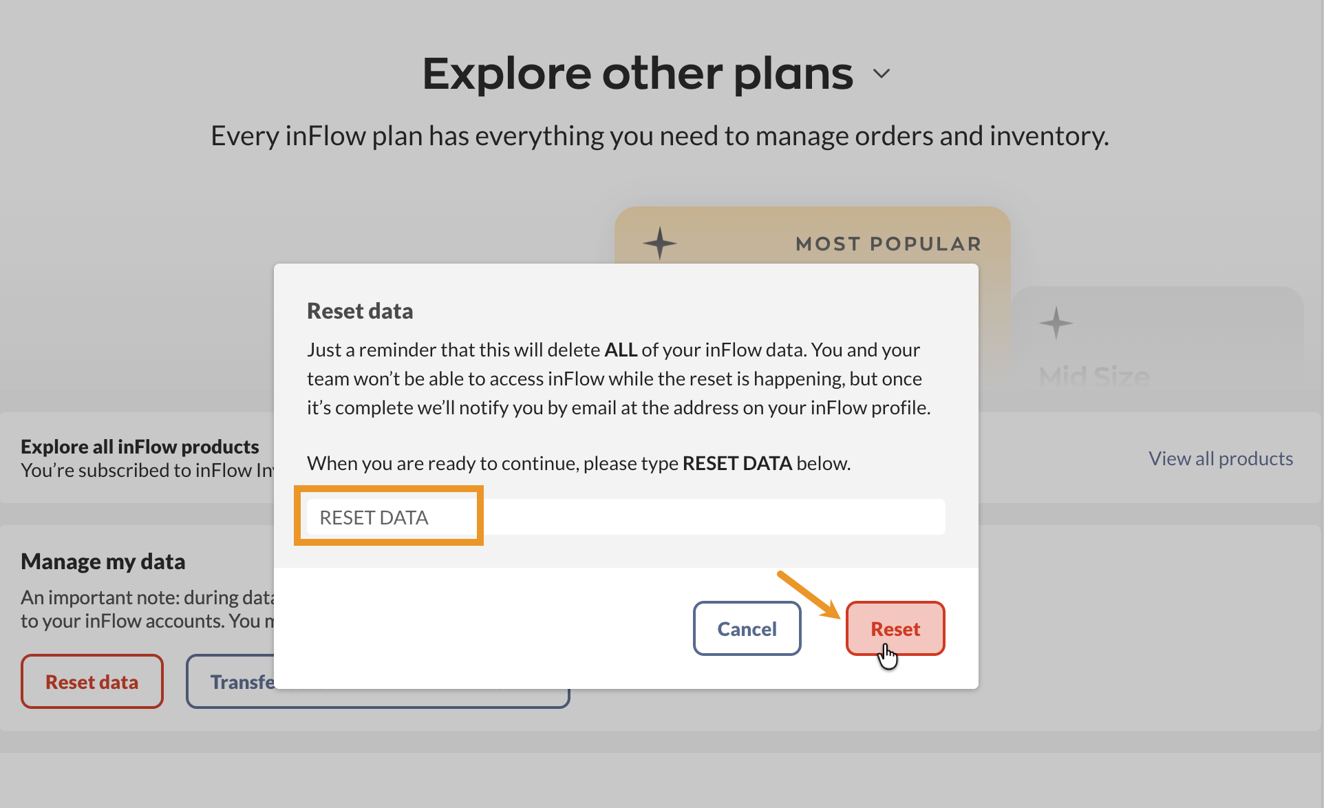 The Reset data confirmation screen. 