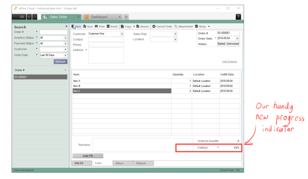 inFlow Cloud's progress indicator for sales and purchase orders