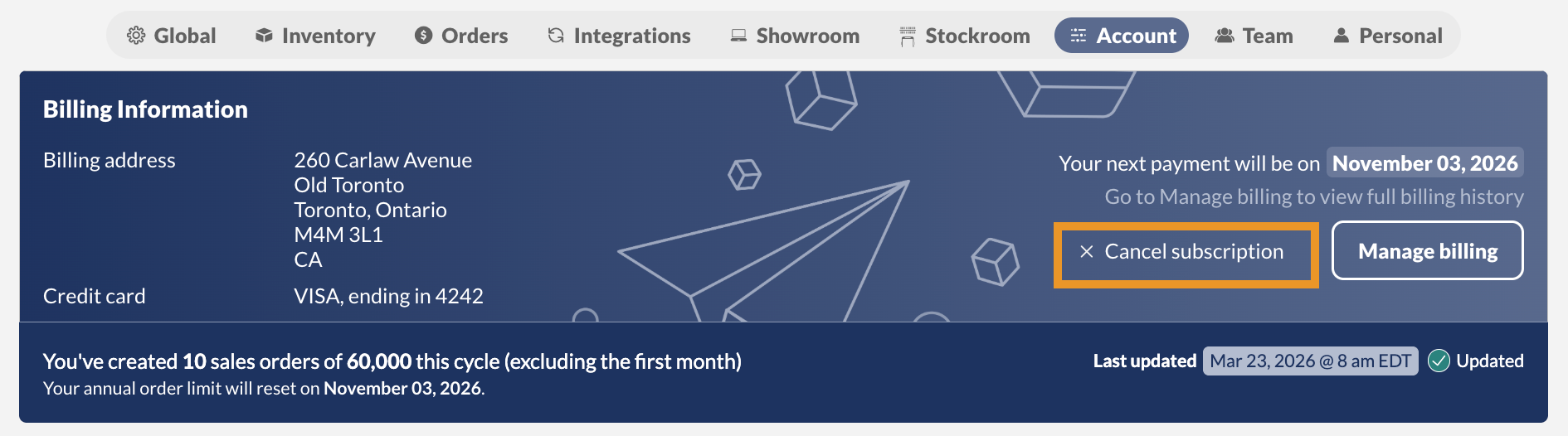 To cancel your subscription, go to the inFlow Account settings and select "Cancel subscription."
