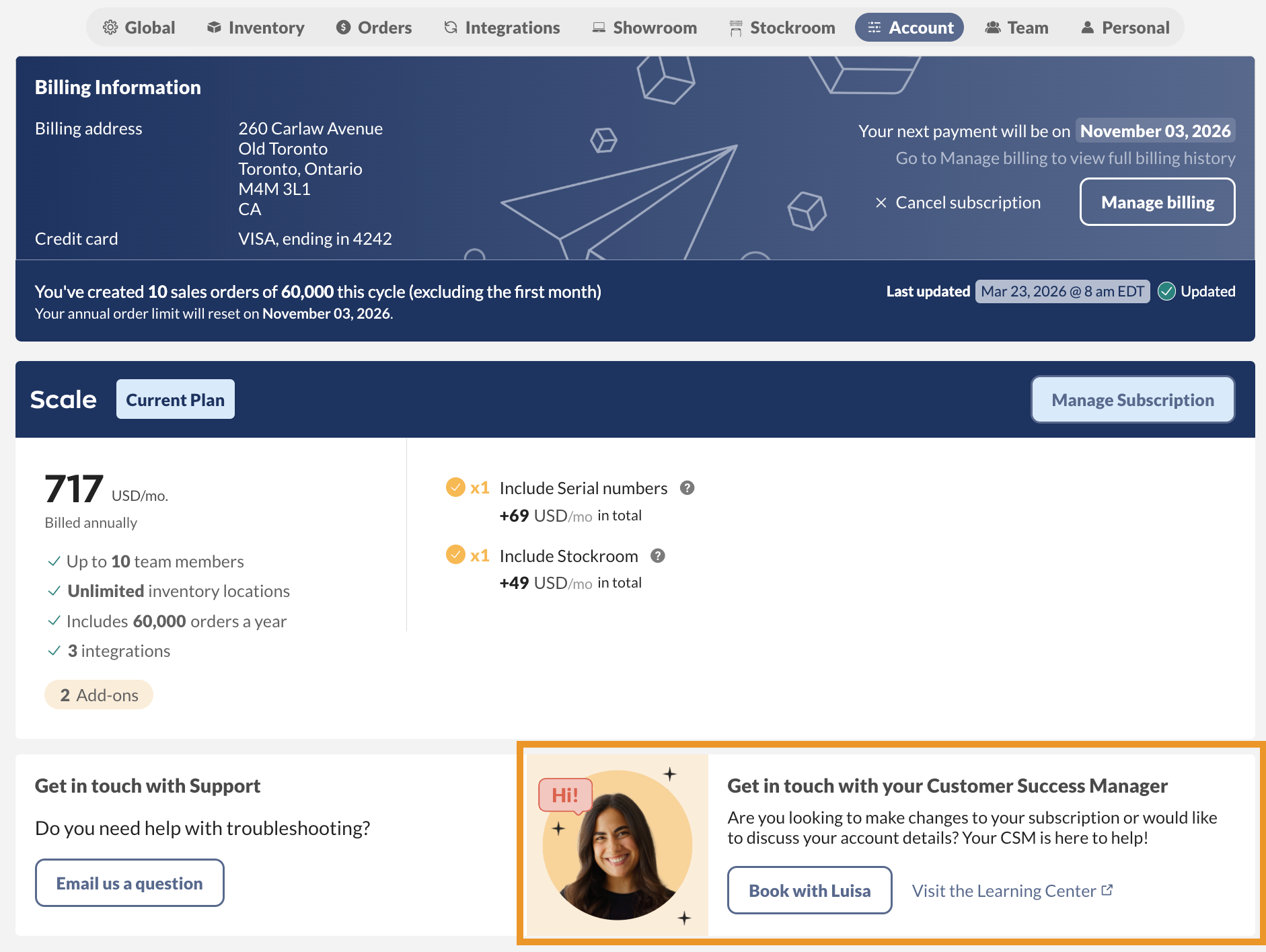 Select "Book a call" in your inFlow Account settings to chat with your inFlow account CSM.
