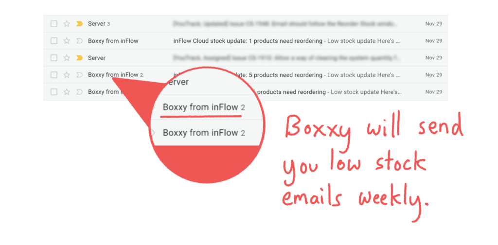 inFlow low stock emails come from Boxxy from inFlow on a weekly basis