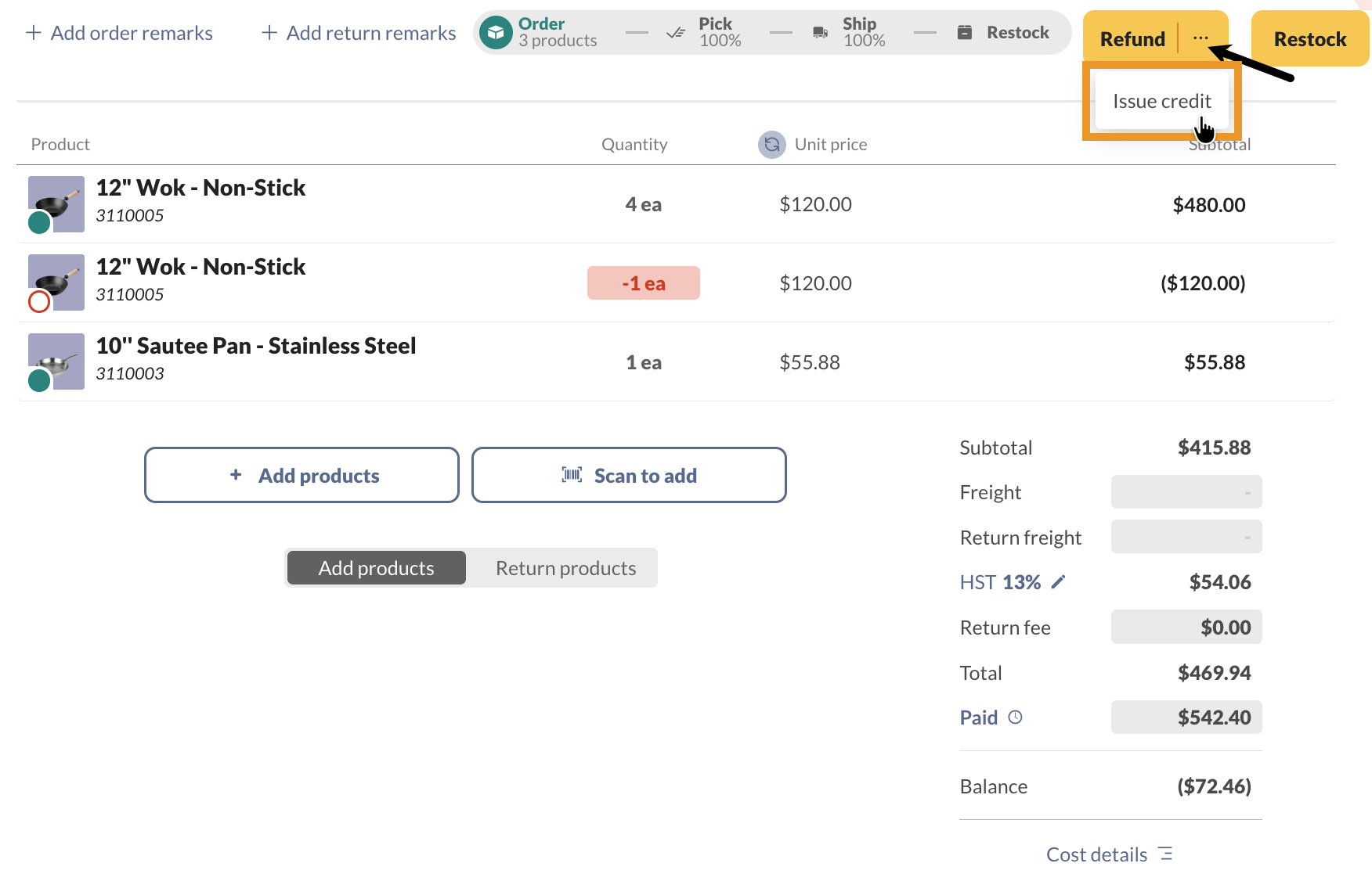 Select the ellipsis next to Refund, then Issue credit.