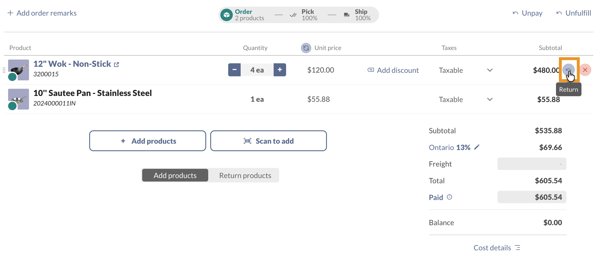 A paid and fulfilled sales order — select the Return arrow at the end of a product row to return that item.