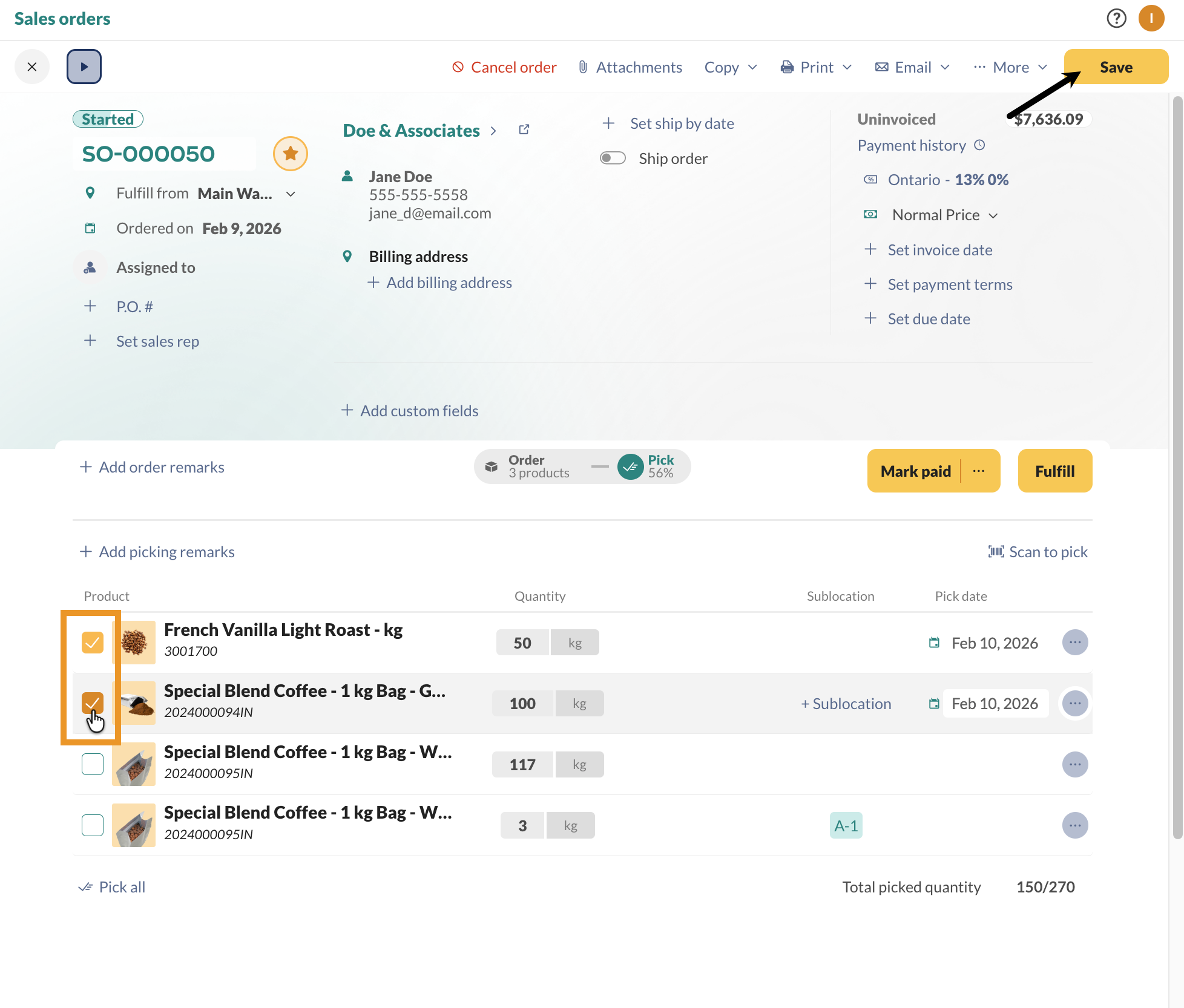 Select the checkbox beside each product on the pick tab to select products individually.