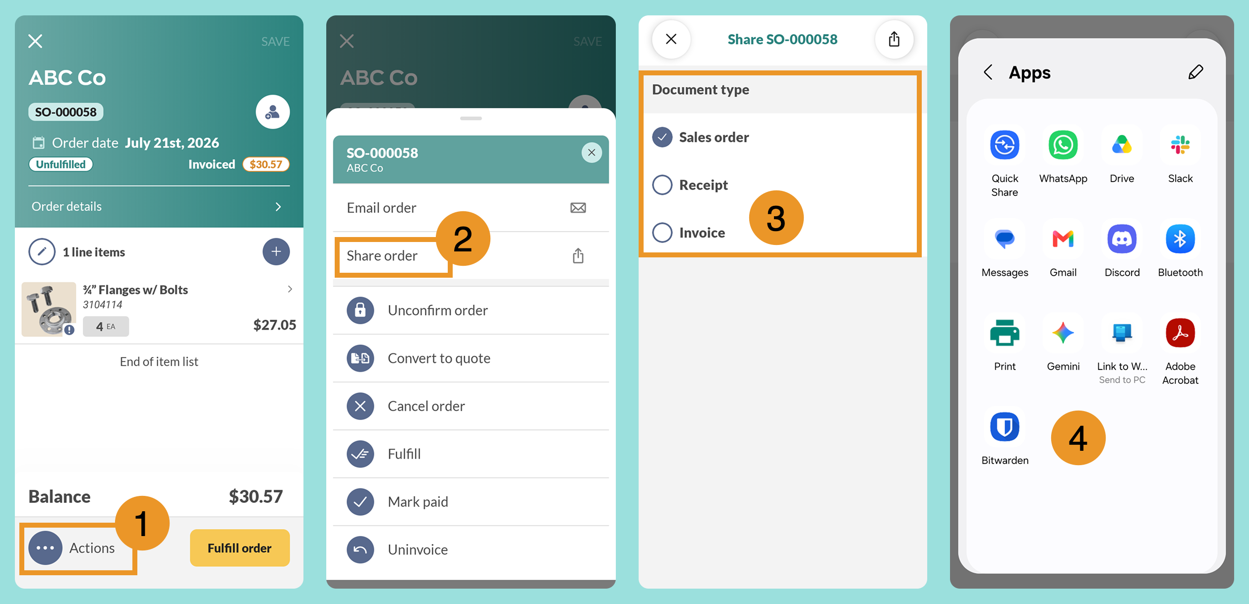 Sharing a sales order from inFlow mobile: Actions, then Share order, choose a document type, then pick an app to send it through.