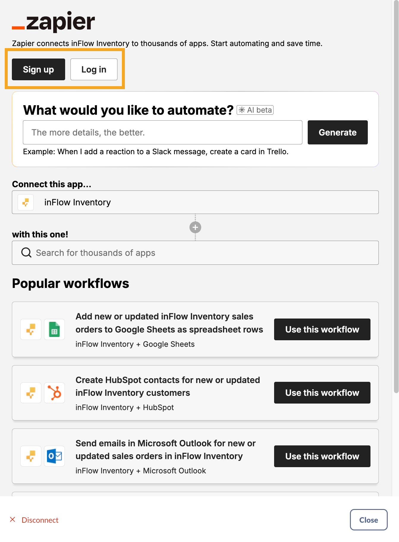 The inFlow to Zapier integration settings. 