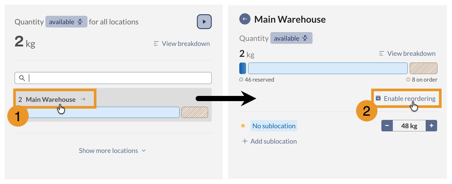 Click on the location in the Quantity tile to adjust the product reorder settings.