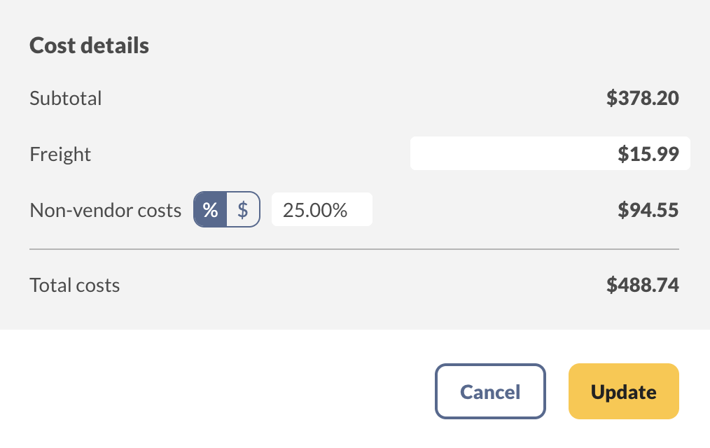 Cost details window on a purchase order in inFlow. Showing Subtotal, Freight, Non-vendor costs with the % and $ options, and Total costs.