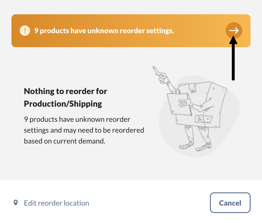 The Reorder stock window showing nothing to reorder for the Production/Shipping location, with a banner warning that 9 products have unknown reorder settings.