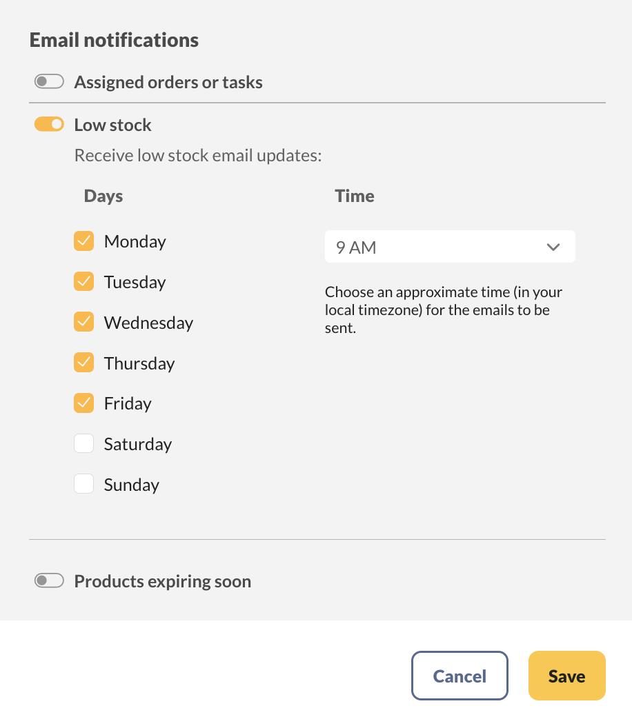 Email notifications settings with Low stock turned on, set to send Monday through Friday at 9 AM.