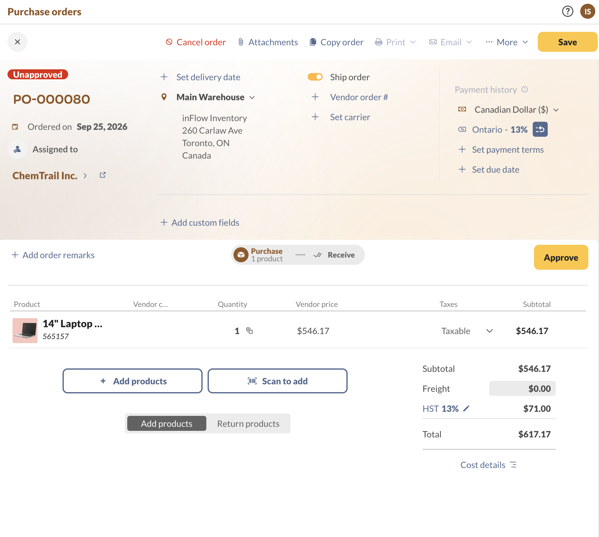 Unapproved purchase order in inFlow, displaying the order summary with Subtotal, Freight, Tax (noted as HST 13%), Total, and a link for Cost details.