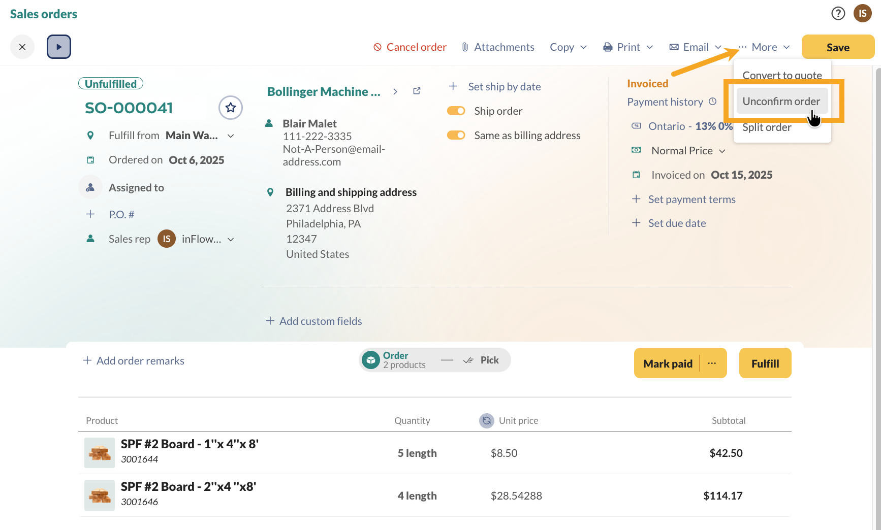 How to unconfirm an order from the sales order Action menu.