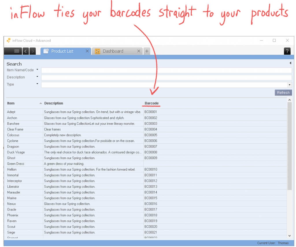 inFlow makes barcoding easy by tying barcodes straight to your products