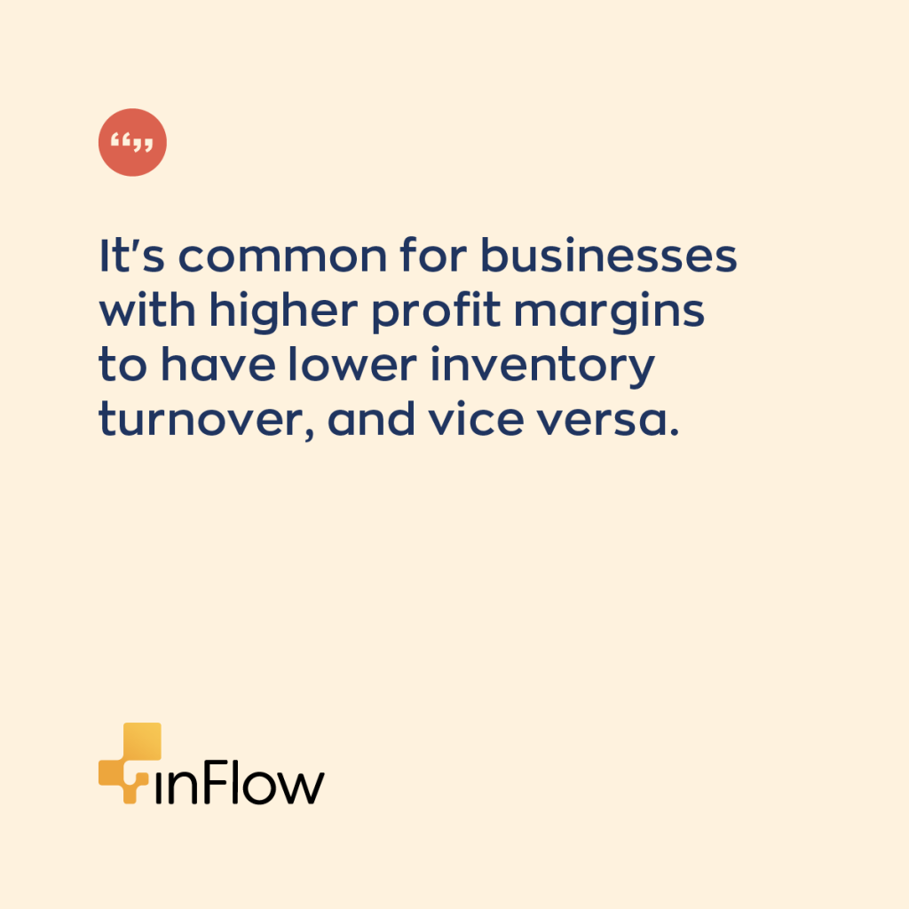 It's common for businesses with higher profit margins to have a lower inventory turnover ratio, and vice versa.
