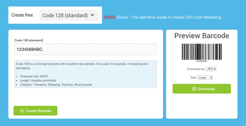 A picture of the interface of a free barcode generator called Barcode-generator.org.