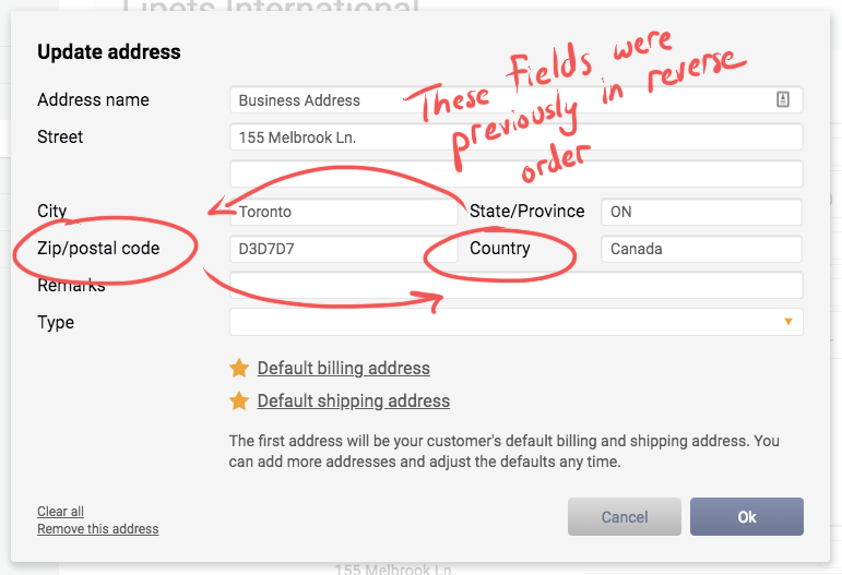 The address fields for Zip/postal code and Country have been reversed