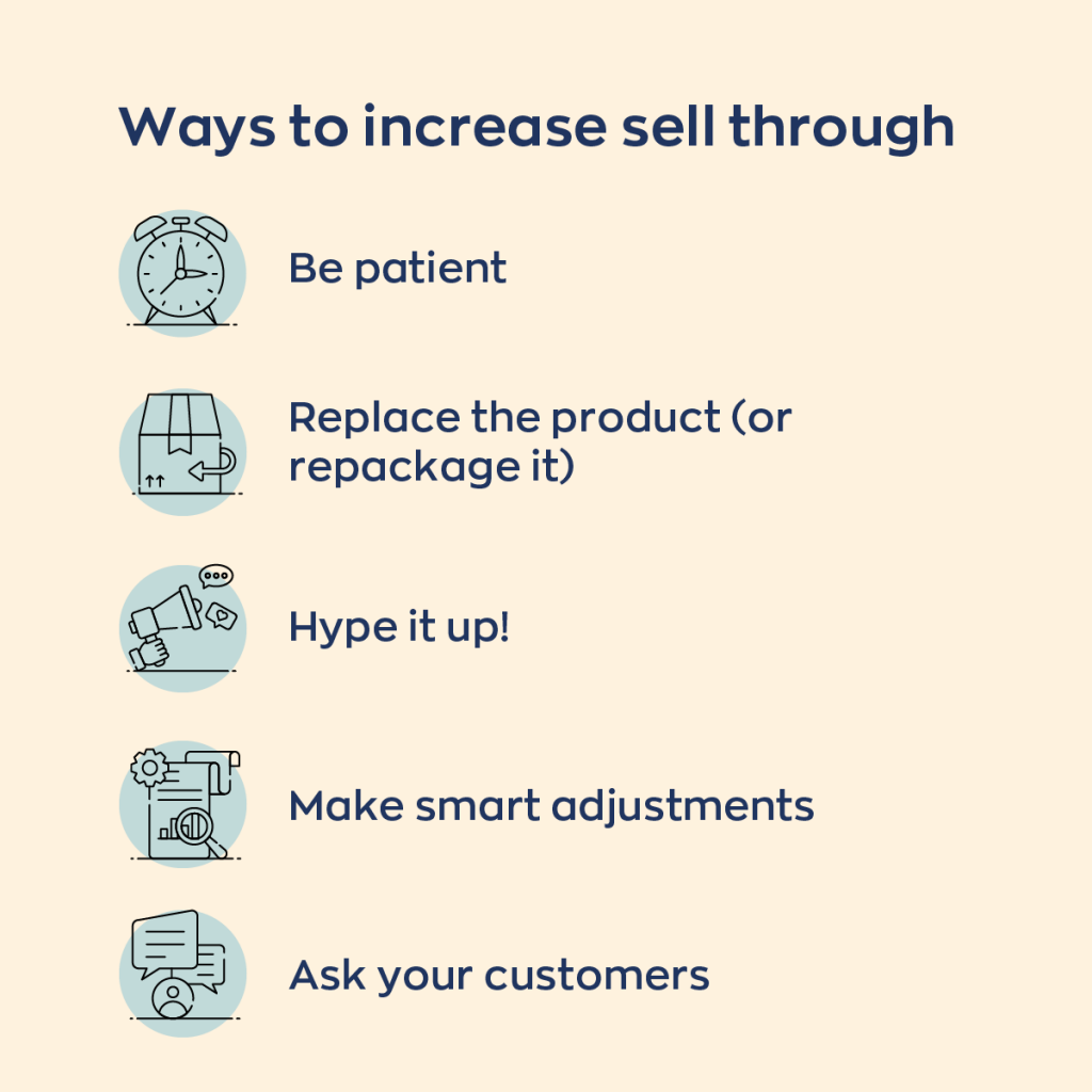 Ways to increase sell-through rate:
1. Be patient.
2. Replace the product (or repackage it).
3. Hype it up!
4. Make smart adjustments.
6. Ask your customers. 