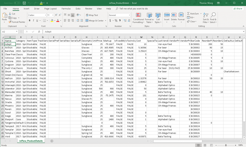 A screenshot of a product spreadsheet, part of the first step in building a barcode system