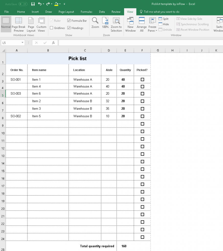 Screenshot of our excel picklist template