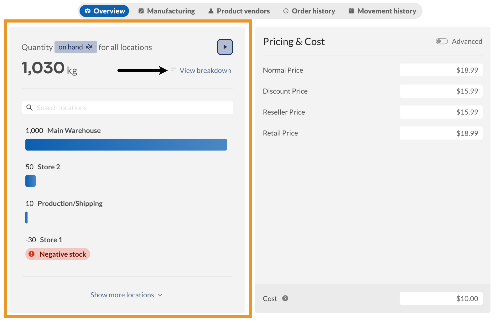 The Overview tab shows quantity and location information to the left and Pricing and Cost information on the right.