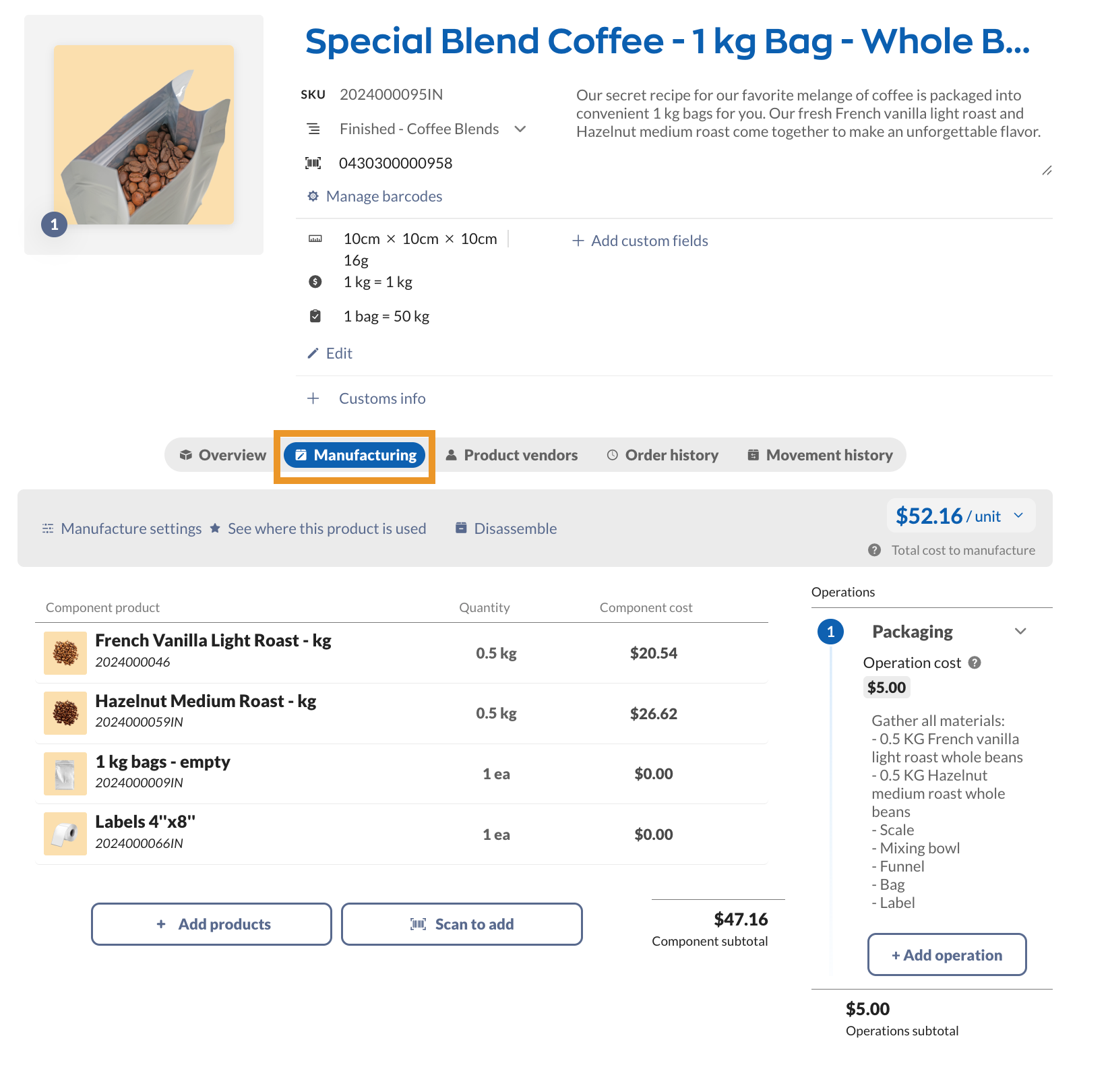 The Manufacturing tab, where you can create a bill of materials list.
