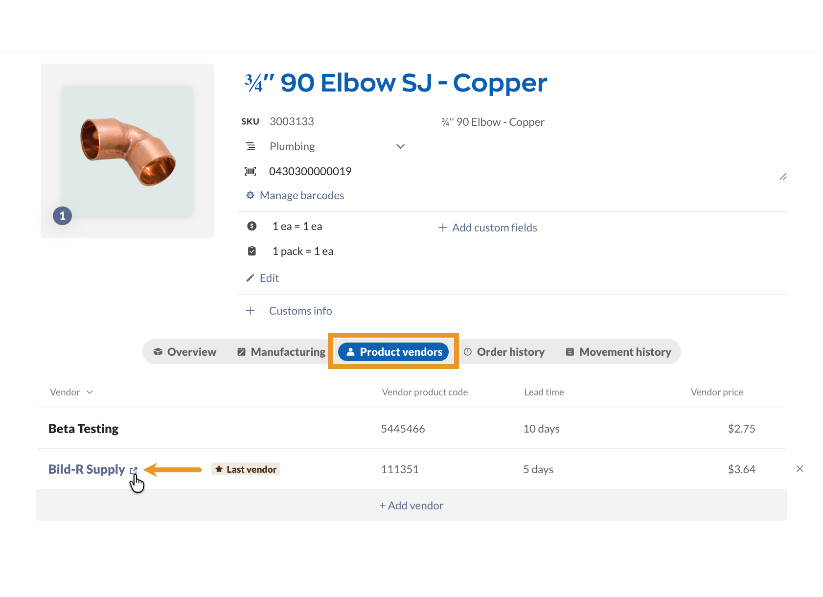 The Product vendors tab lists all the vendors where you buy this product.