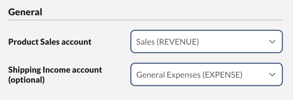 The General section showing the Product Sales account and optional Shipping Income account, each with a drop-down for mapping to a Xero account.