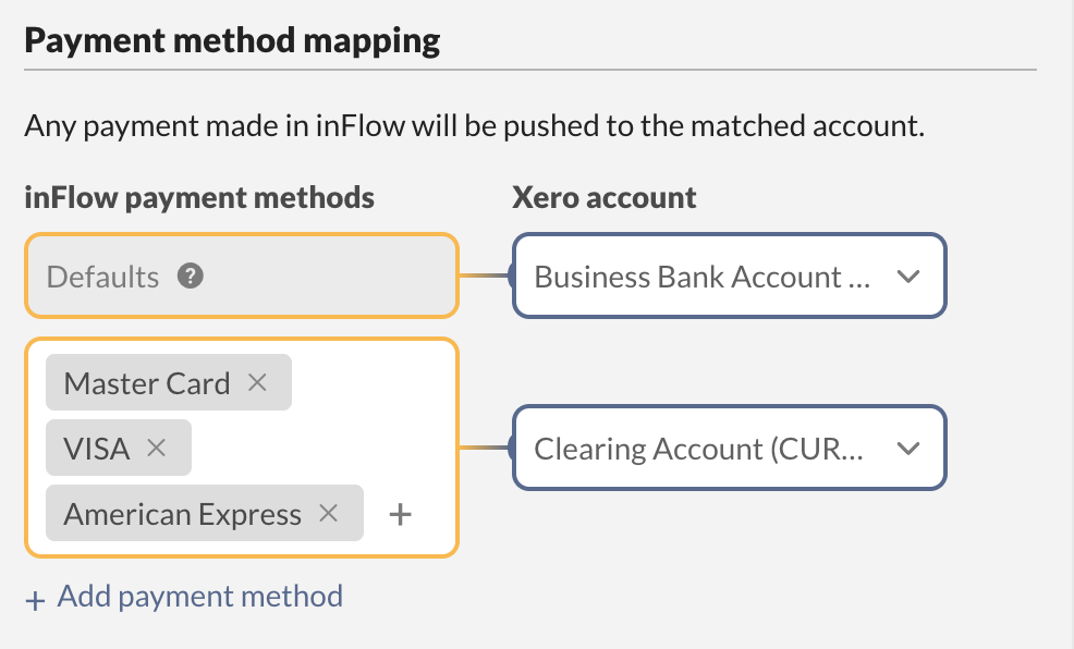 inFlow to Xero payment method mapping configuration showing payment methods linked to corresponding bank accounts.