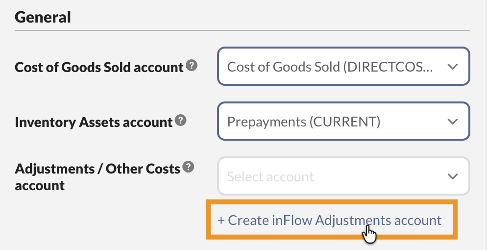 The General section of the purchase order push settings, with Cost of Goods Sold, Inventory Assets, and Adjustments / Other Costs accounts mapped to Xero accounts via drop-downs, and the "+ Create inFlow Adjustments account" link highlighted.