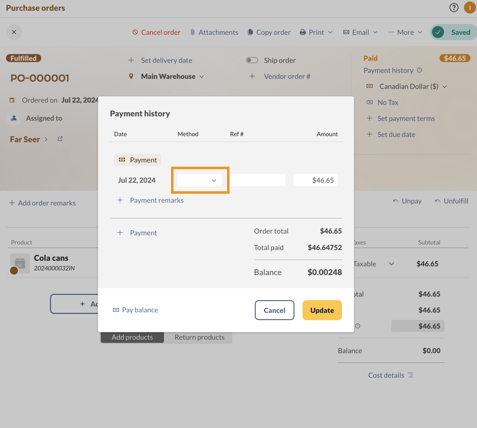 inFlow Inventory purchase order payment history showing an empty payment method drop-down menu.