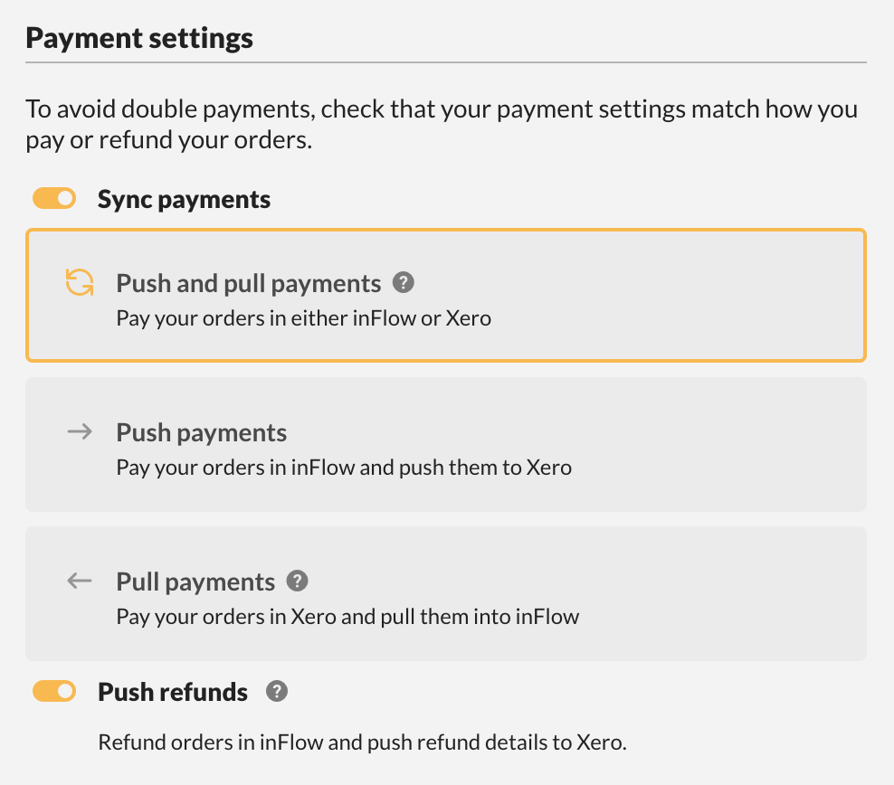 Purchase order payment settings menu displaying options for Push and pull payments, Push payments, and Pull payments.