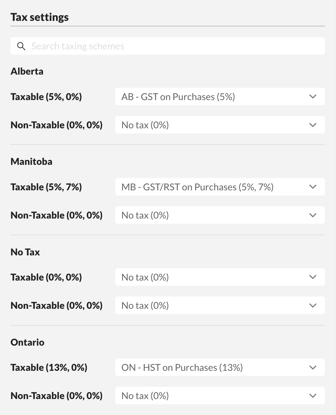 inFlow & Xero tax settings showing GST, RST, and HST rates for Alberta, Manitoba, Ontario, and No Tax options.